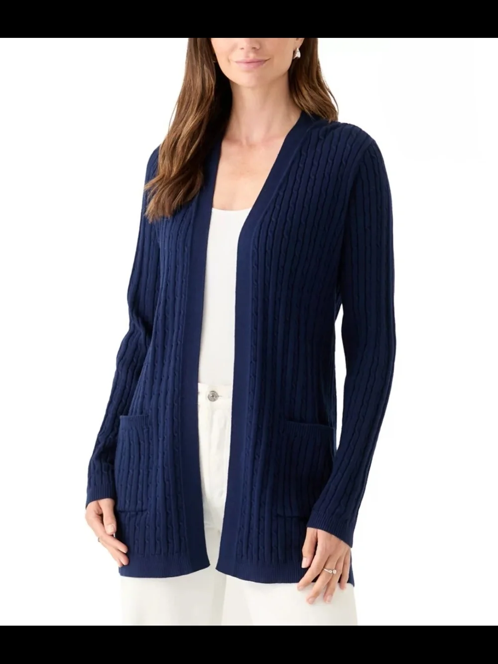 Kim Rogers Navy Cable Knit Long Sleeve Open Cardigan With Pockets Size Small